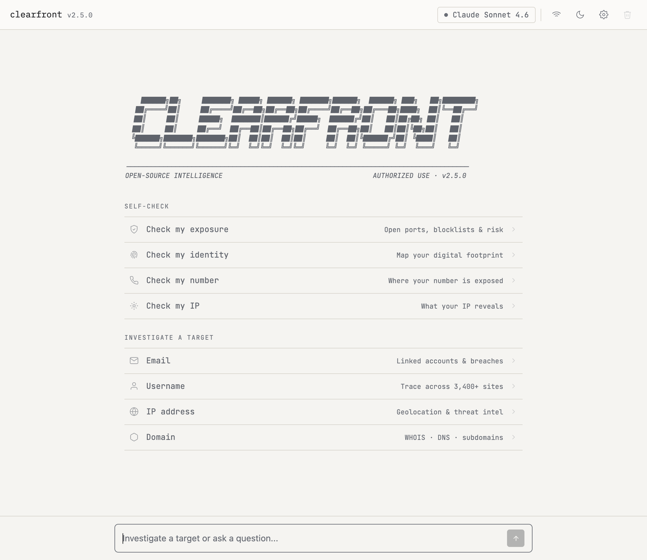 The Clearfront console running a self-check across its collection tools.